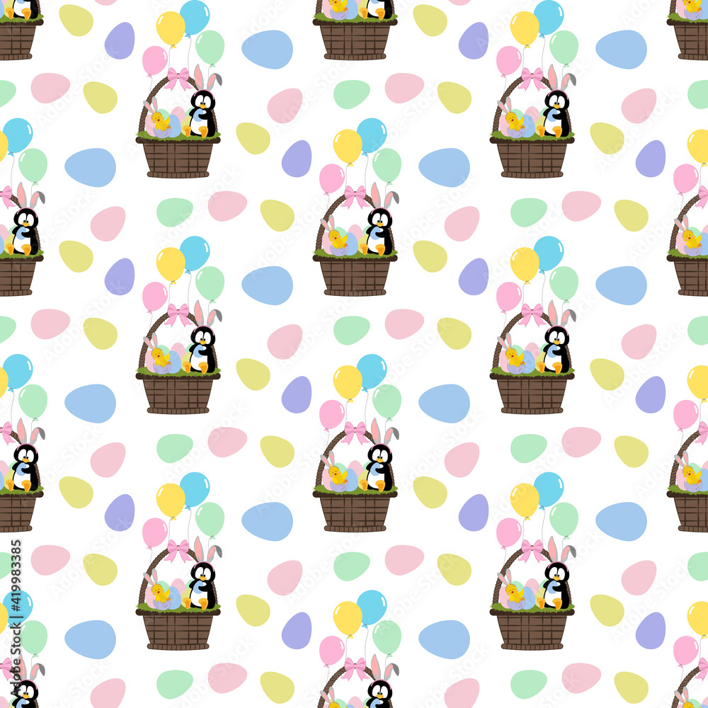 Chicken and penguin in easter basket seamless pattern
