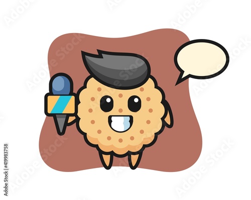 Character Mascot Of Round Biscuits as a news reporter