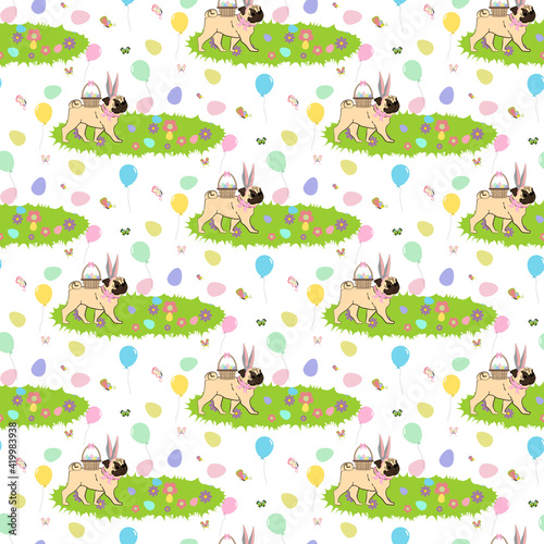 Easter Pug wearing bunny ears seamless pattern