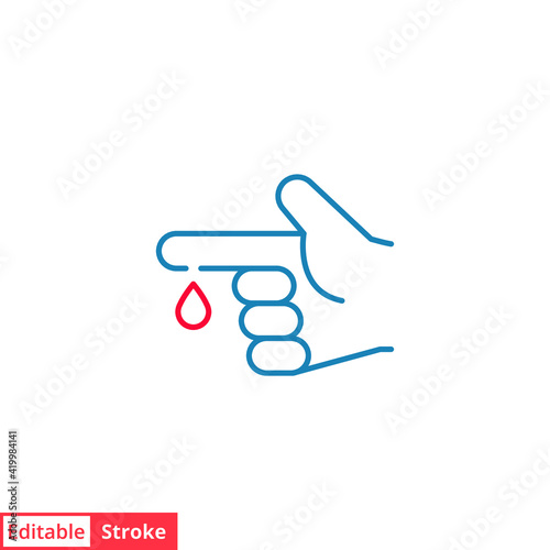 Blood on finger line icon. Vector people hand injured isolated symbol. Glucose, insulin test, diabetes concept. Simple outline style. Sign illustration on white background. Editable stroke EPS 10