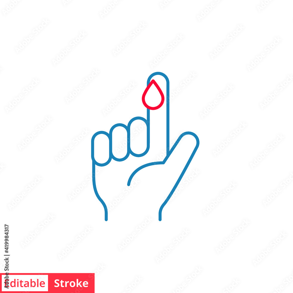 Obraz premium Blood on finger line icon. Vector people hand injured isolated symbol. Glucose, insulin test, diabetes concept. Simple outline style. Sign illustration on white background. Editable stroke EPS 10