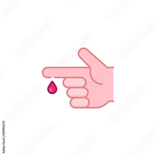 Blood on finger icon. Vector people hand injured isolated symbol. Glucose, insulin test, diabetes concept. Simple filled outline style. Sign illustration on white background. EPS 10