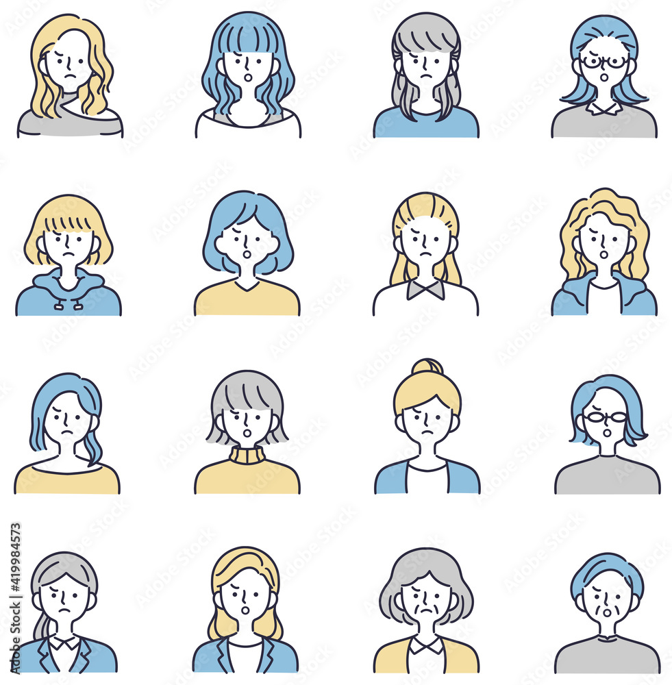 怒り顔 女性セット シンプルイラスト Stock Vector Adobe Stock