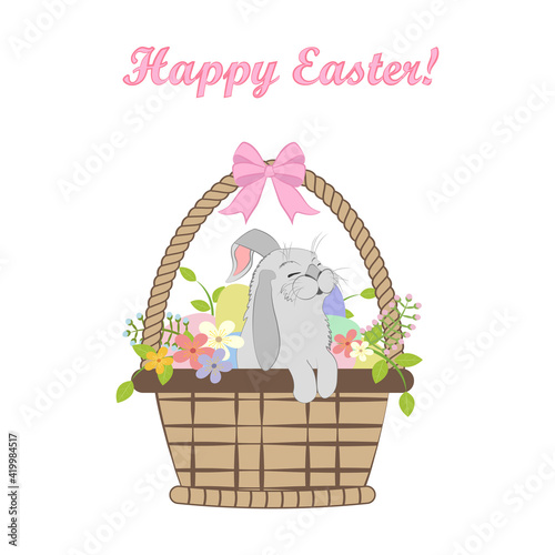 Rabbit in easter basket with eggs vector illustration