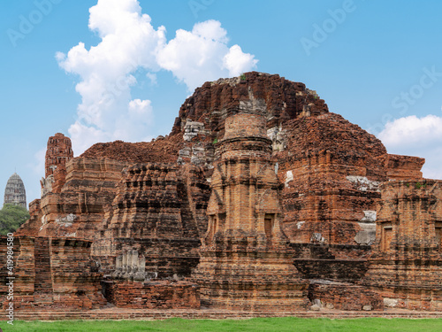 ancient red-brick ruins architecture at Buddhist temple Wat Phra Mahathat at Ayutthaya  Thailand  travel place  religion landmark