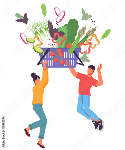 Happy shoppers with fresh vegetables in shopping basket, flat vector illustration isolated on white background. Buyers characters for online food shop, farm market and food delivery.