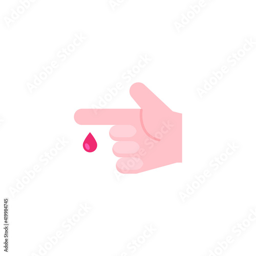 Blood on finger icon. Vector people hand injured isolated symbol. Glucose, insulin test, diabetes concept. Simple flat style. Sign illustration on white background. EPS 10