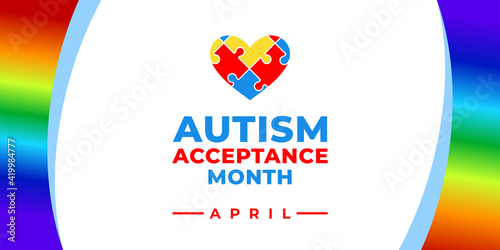 Autism Acceptance Month. Vector banner, poster, flyer, greeting card for social media with the text Autism Acceptance Month, April. Illustration with Puzzles and rainbow on white background.
