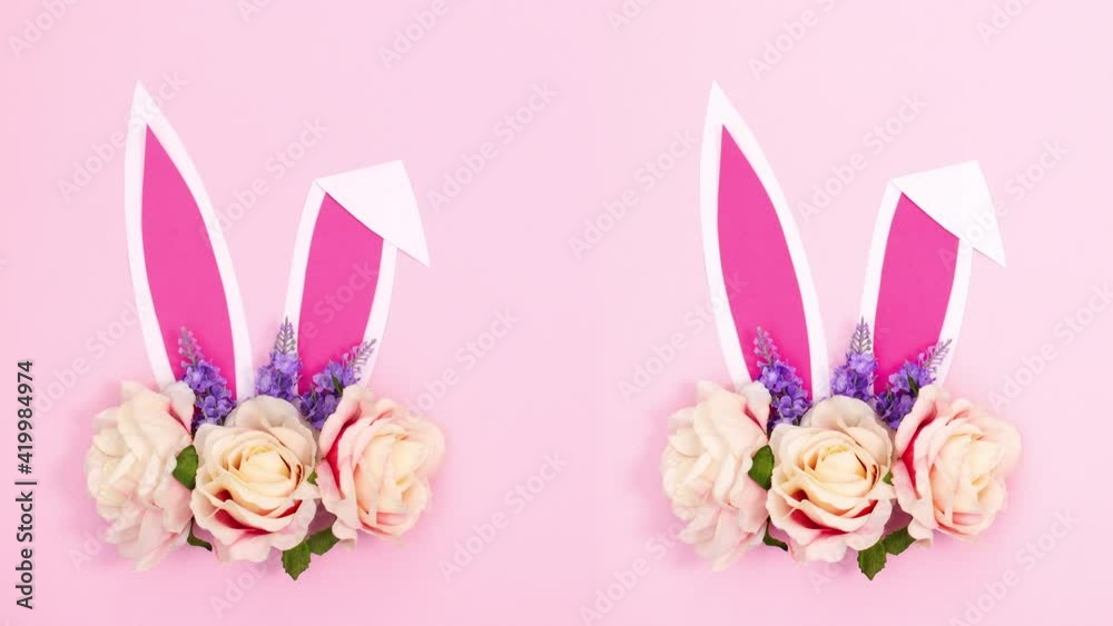 Double floral bloom bunny ears for Easter on pastel pink background. Stop motion Double floral bloom bunny ears for Easter on pastel pink background. Stop motion