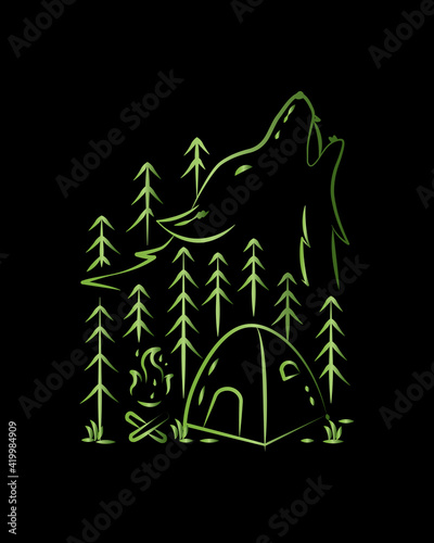 Camping campfire bonfire and wolf illustration in mono line art, badge vector illustration, T-Shirt Art, Design Vector