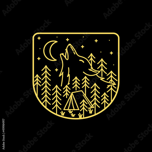 Camping ground and wolf illustration in mono line art, badge vector illustration, T-Shirt Art, Design Vector, dash effect