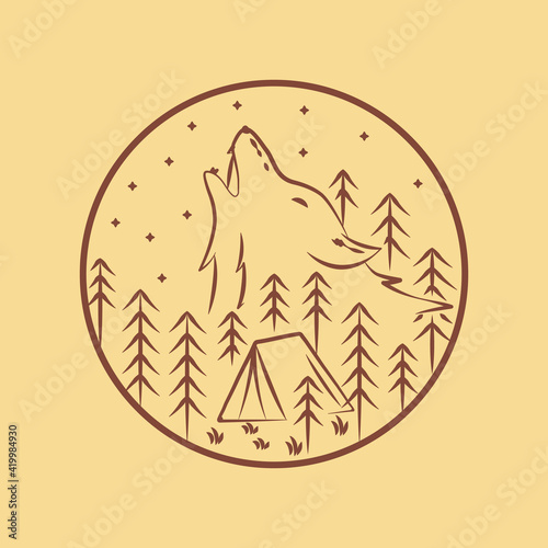 Camping ground and wolf illustration in mono line art, badge vector illustration, T-Shirt Art, Design Vector