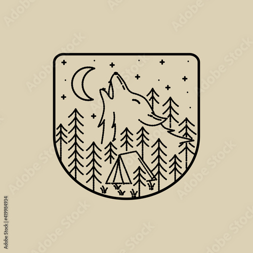 Camping ground and wolf illustration in mono line art, badge vector illustration, T-Shirt Art, Design Vector, dash effect