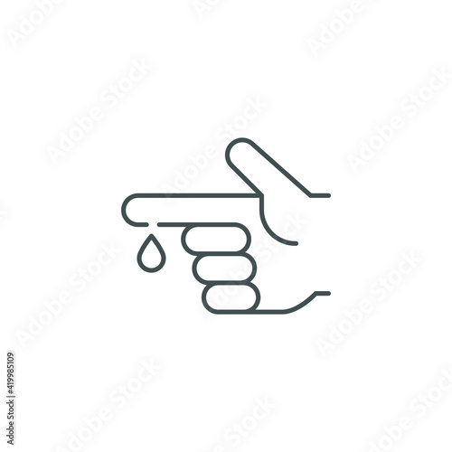 Blood on finger line icon. Vector people hand injured isolated symbol. Glucose, insulin test, diabetes concept. Simple outline style. Sign illustration on white background. EPS 10