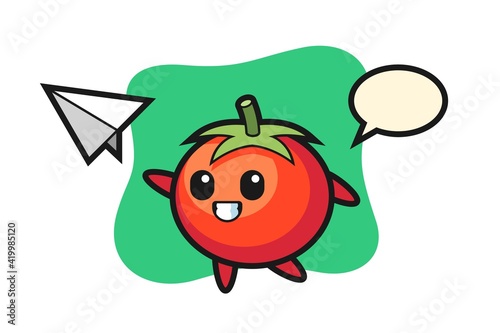 Tomatoes cartoon character throwing paper airplane