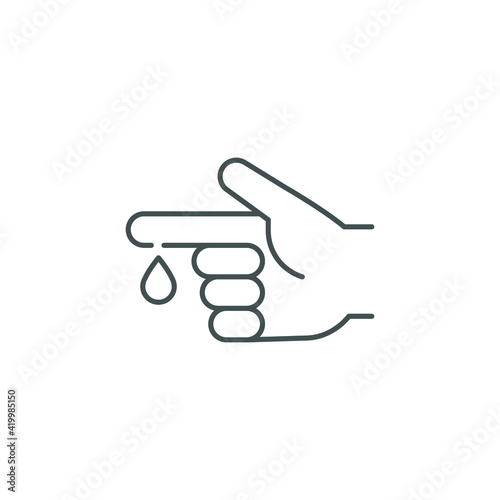 Blood on finger line icon. Vector people hand injured isolated symbol. Glucose, insulin test, diabetes concept. Simple outline style. Sign illustration on white background. EPS 10