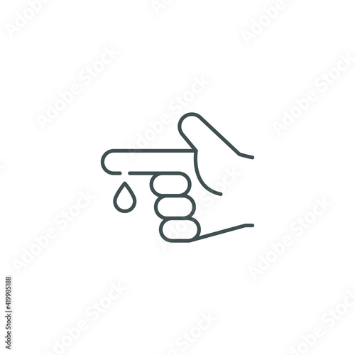 Blood on finger line icon. Vector people hand injured isolated symbol. Glucose, insulin test, diabetes concept. Simple outline style. Sign illustration on white background. EPS 10