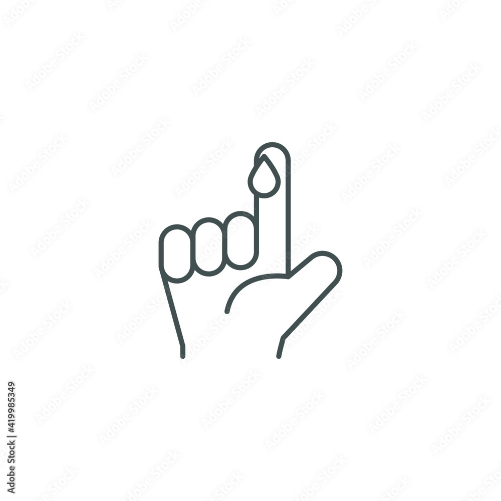 Blood on finger line icon. Vector people hand injured isolated symbol. Glucose, insulin test, diabetes concept. Simple outline style. Sign illustration on white background. EPS 10 Blood on finger line icon. Vector people hand injured isolated symbol. Glucose, insulin test, diabetes concept. Simple outline style. Sign illustration on white background. EPS 10