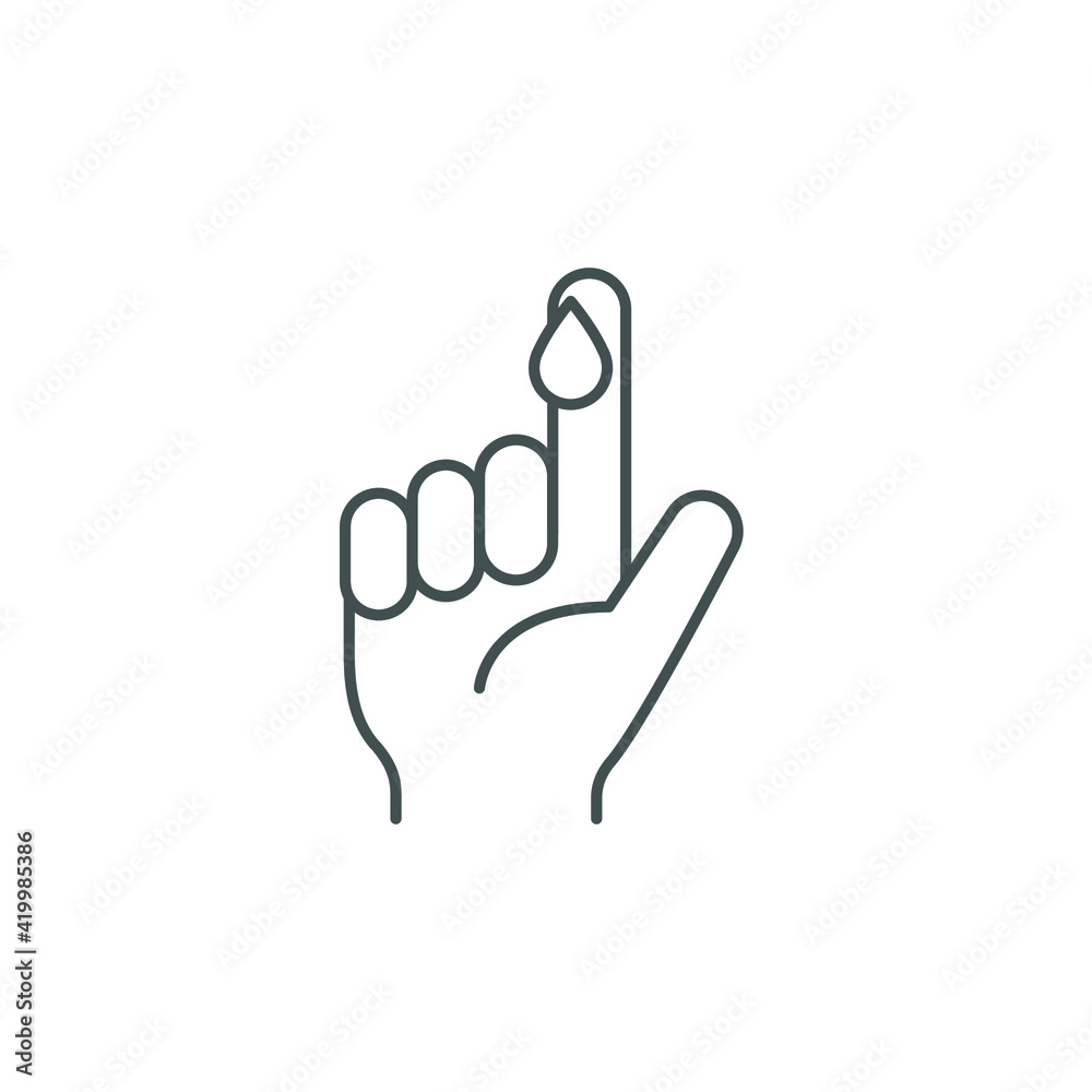 Blood on finger line icon. Vector people hand injured isolated symbol. Glucose, insulin test, diabetes concept. Simple outline style. Sign illustration on white background. EPS 10 Blood on finger line icon. Vector people hand injured isolated symbol. Glucose, insulin test, diabetes concept. Simple outline style. Sign illustration on white background. EPS 10