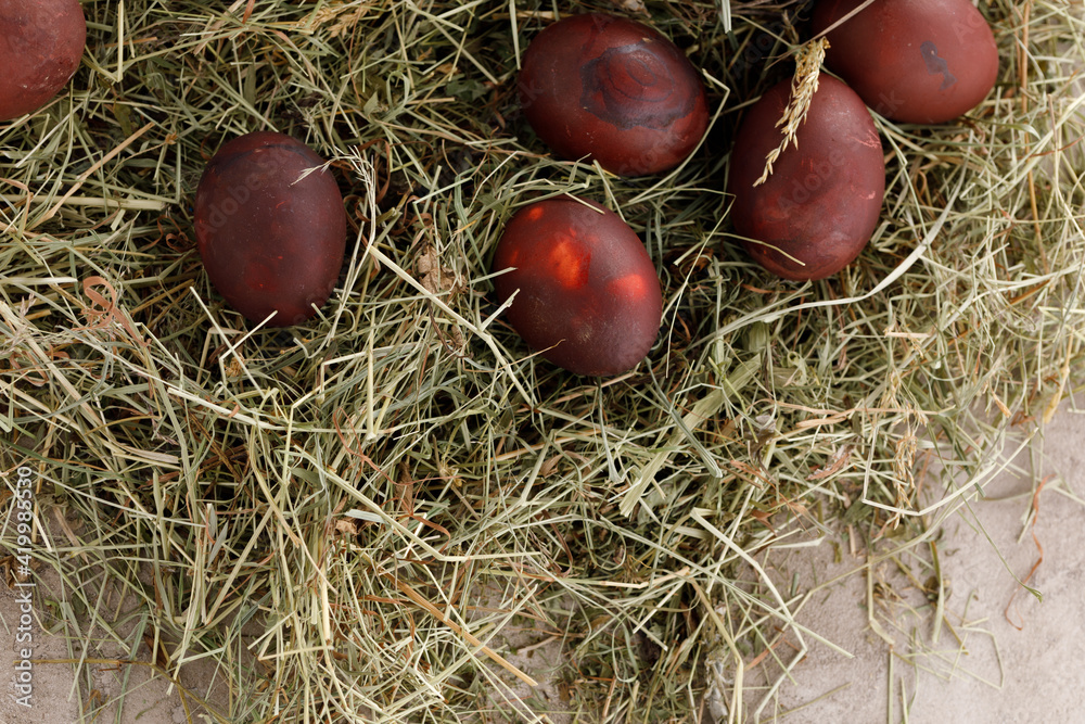 Still life many colorful easter eggs on a textural background. Rustic. Decoration from natural herbs. Easter celebration concept. Still life many colorful easter eggs on a textural background. Rustic. Decoration from natural herbs. Easter celebration concept.
