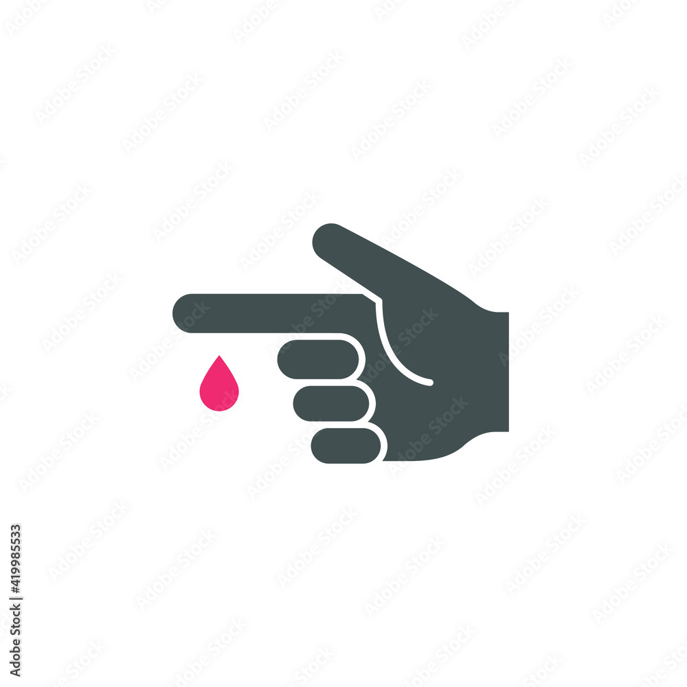 Blood on finger glyph icon. Vector people hand injured isolated symbol. Glucose, insulin test, diabetes concept. Simple solid style. Sign illustration on white background. EPS 10 Blood on finger glyph icon. Vector people hand injured isolated symbol. Glucose, insulin test, diabetes concept. Simple solid style. Sign illustration on white background. EPS 10