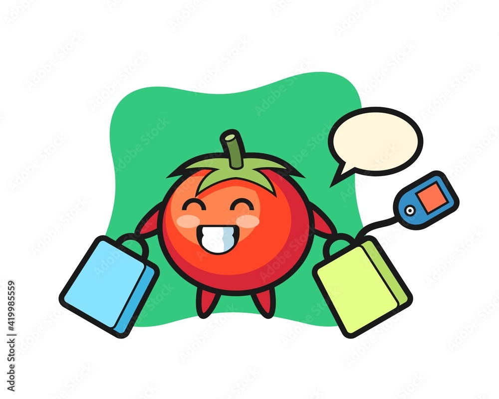 Tomatoes mascot cartoon holding a shopping bag