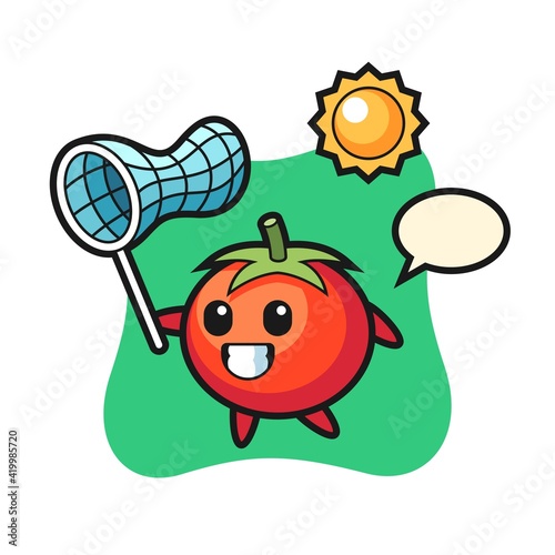 Tomatoes mascot illustration is catching butterfly