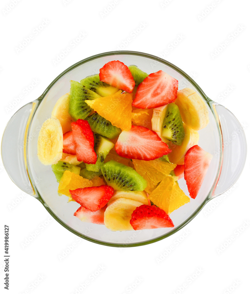 fresh healthy summer fruit salad in a glass bowl with pieces of orange kiwi strawberry and banana fitness nutrition diet vegetarianism and food for a slim figure fresh healthy summer fruit salad in a glass bowl with pieces of orange kiwi strawberry and banana fitness nutrition diet vegetarianism and food for a slim figure