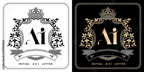 AI or IA royal emblem with crown, initial letter and graphic name Frames Border of floral designs with two variation colors, AI or IA Monogram, for insignia, initial letter frames, wedding couple name