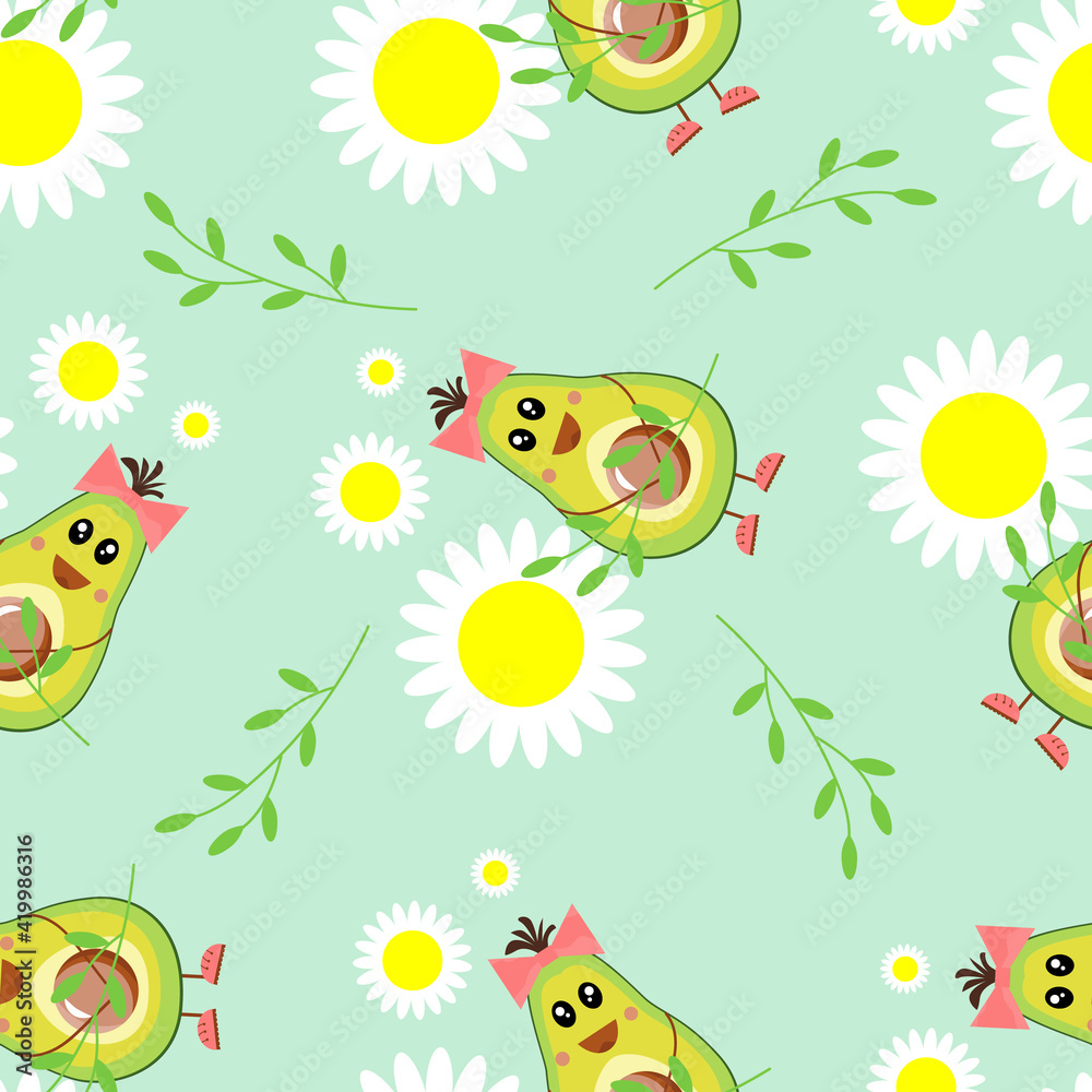 Seamless pattern of funny baby avocados. Exotic fruits in cartoon style with chamomile and daisies. Green background. For textiles, children's patterns, clothes, linen, covers, packaging. Vector
Seamless pattern of funny baby avocados. Exotic fruits in cartoon style with chamomile and daisies. Green background. For textiles, children's patterns, clothes, linen, covers, packaging. Vector