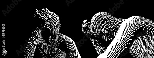 Man is thinking. Guy holding head with hands. 3D human body model. Artificial intelligence concept. Voxel art. Vector illustration.