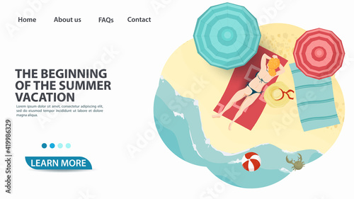 banner for the design of advertising tourist web pages websites and mobile applications on the theme of summer holidays travel and vacation people lie on the sea beach under umbrellas