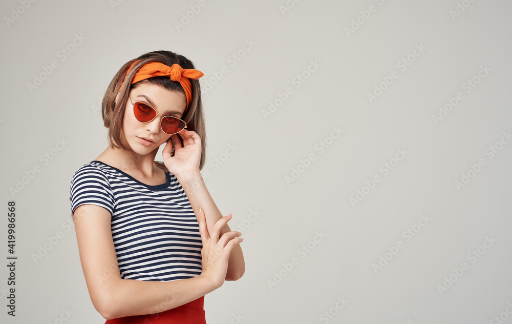 pretty woman wearing sunglasses striped tshirt fashion modern style pretty woman wearing sunglasses striped tshirt fashion modern style