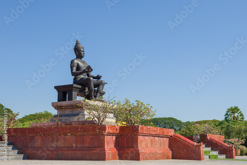 Monument to the founder of Thai writing King Ramkhamhaeng on a sunny day. Old Sukhothai