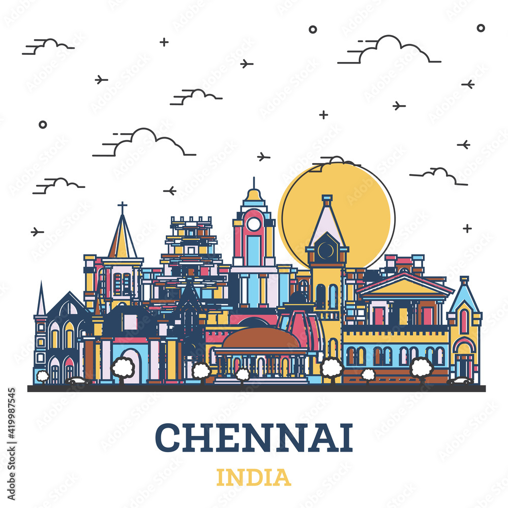 Outline Chennai India City Skyline with Colored Historic Buildings Isolated on White.