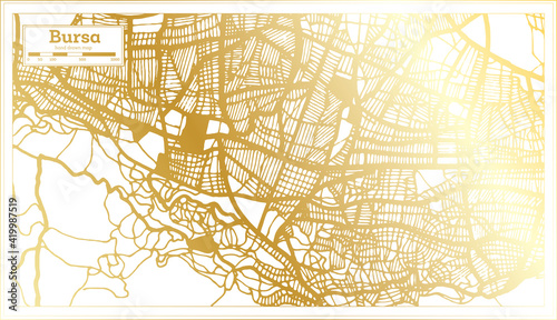 Bursa Turkey City Map in Retro Style in Golden Color. Outline Map.