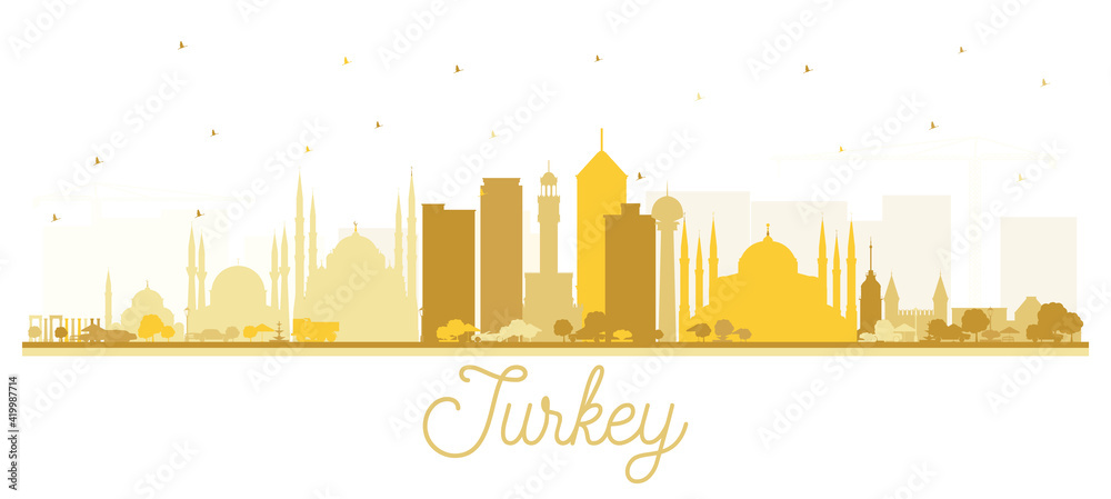 Turkey City Skyline Silhouette with Golden Buildings Isolated on White. Turkey City Skyline Silhouette with Golden Buildings Isolated on White.