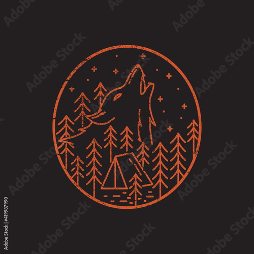 Camping ground and wolf illustration in mono line art, badge vector illustration, T-Shirt Art, Design Vector, grunge effect