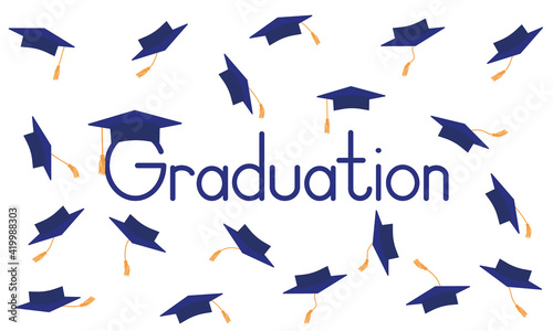 Graduation poster. Throwing dark blue mortarboard or square academic caps. Vector illustration