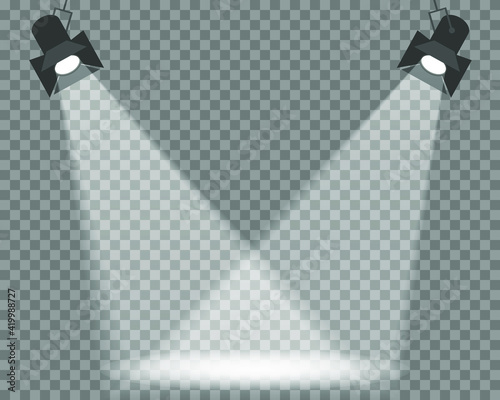 White scene on with spotlights. Spotlights with bright lights on transparent background. Vector illustration.