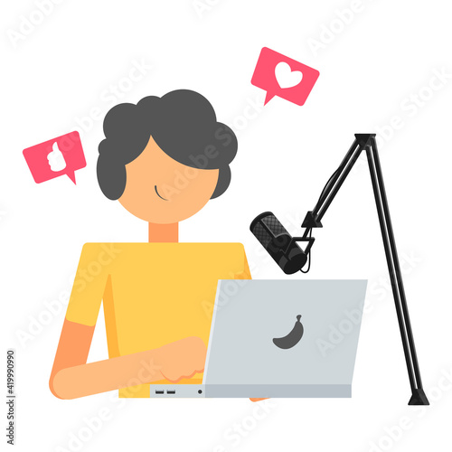 Man doing podcast flat illustration, content creator illustration