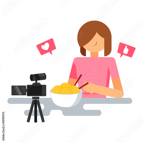 Girl doing mukbang flat illustration, food vlogger, content creator illustration