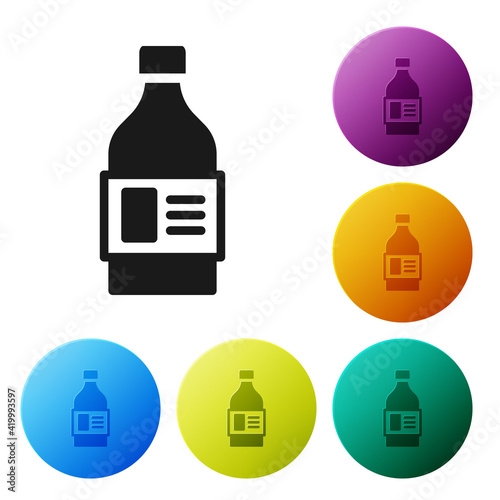 Black Plastic bottle for laundry detergent, bleach, dishwashing liquid or another cleaning agent icon isolated on white background. Set icons in color circle buttons. Vector