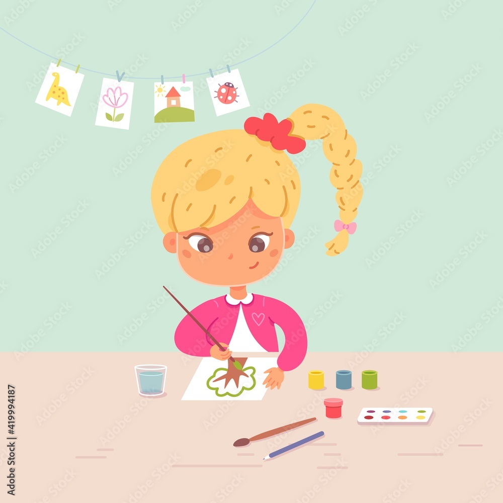 Girl painting in art and crafts class. Little child drawing tree with brush on paper, sitting at desk in school classroom. Creative activities with tools vector illustration Girl painting in art and crafts class. Little child drawing tree with brush on paper, sitting at desk in school classroom. Creative activities with tools vector illustration