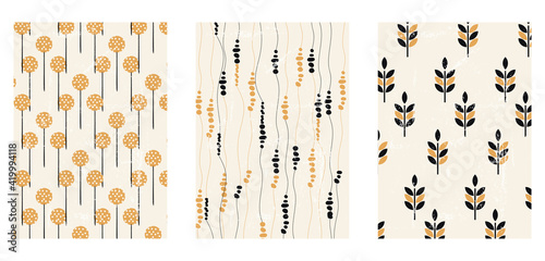 A set of three matching aesthetic posters. Backgrounds for interior design, social media, marketing, advertising, covers. Vintage illustrations in boho style with plants, doodles, geometric shapes.