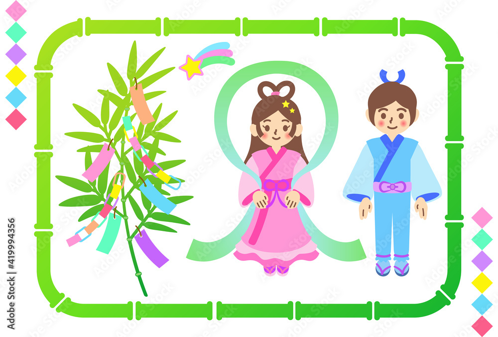 七夕の笹飾りや織姫と彦星のイラストセット Stock Vector Adobe Stock