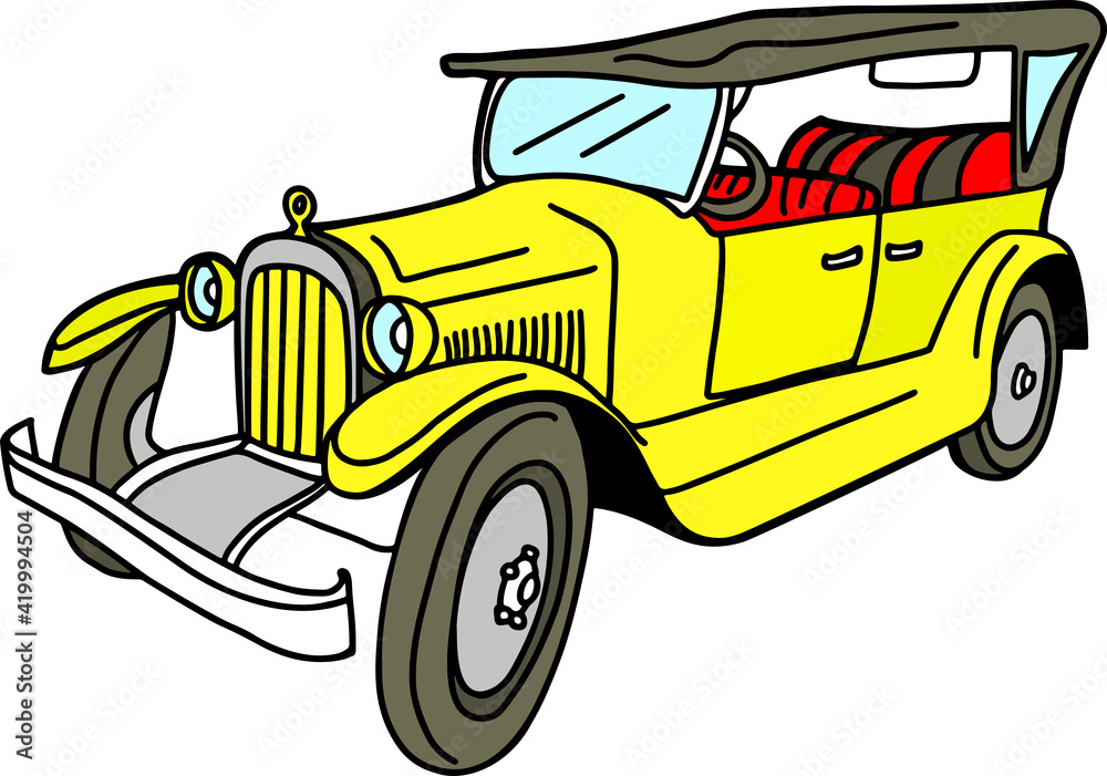 Retro car yellow sketch. Vintage vector illustration.