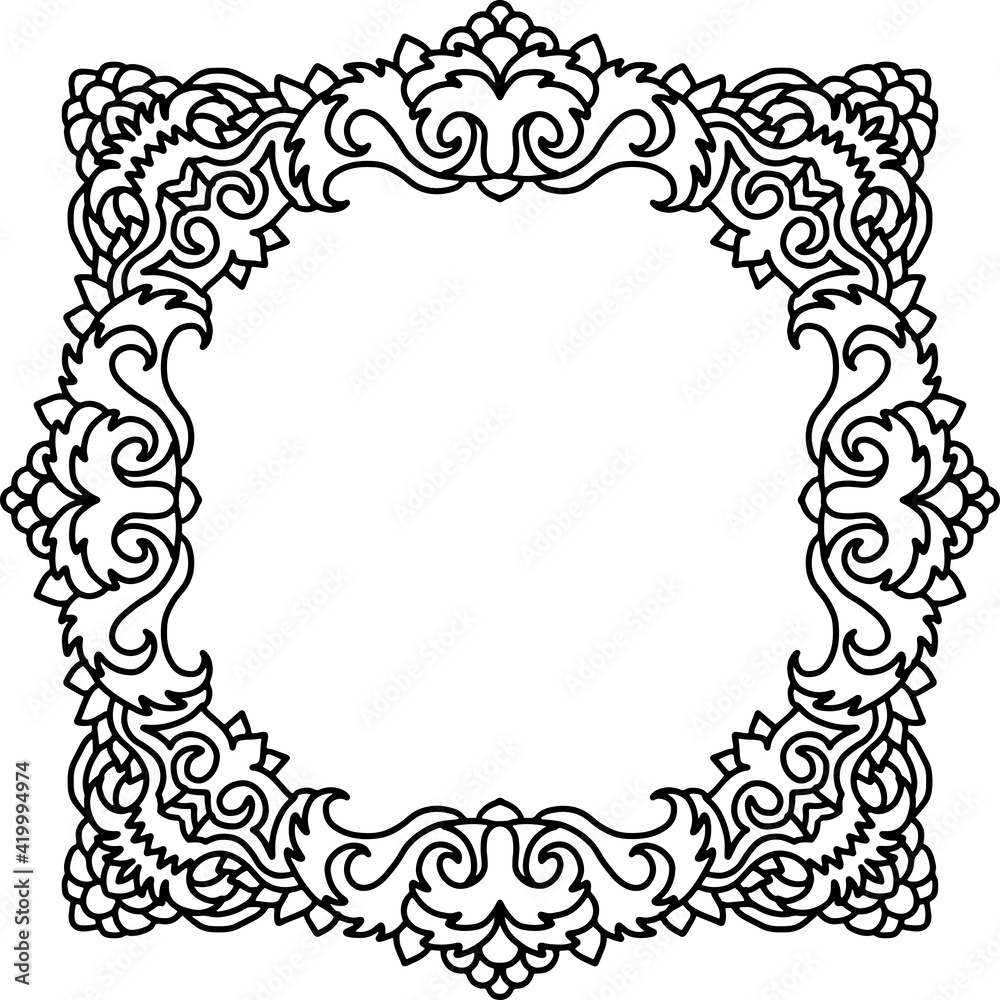 Fototapeta premium Abstract mandala frame. Asian leaves pattern. Black and white authentic background. Vector illustration.
