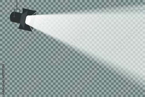 White scene on with spotlights. Spotlights with bright lights on transparent background. Vector illustration.