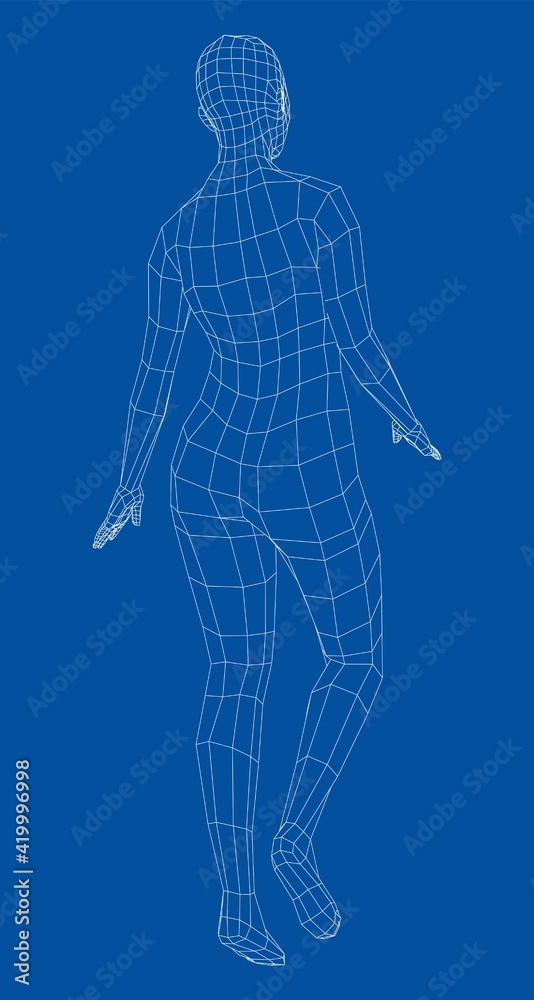 Wireframe walking woman. Vector